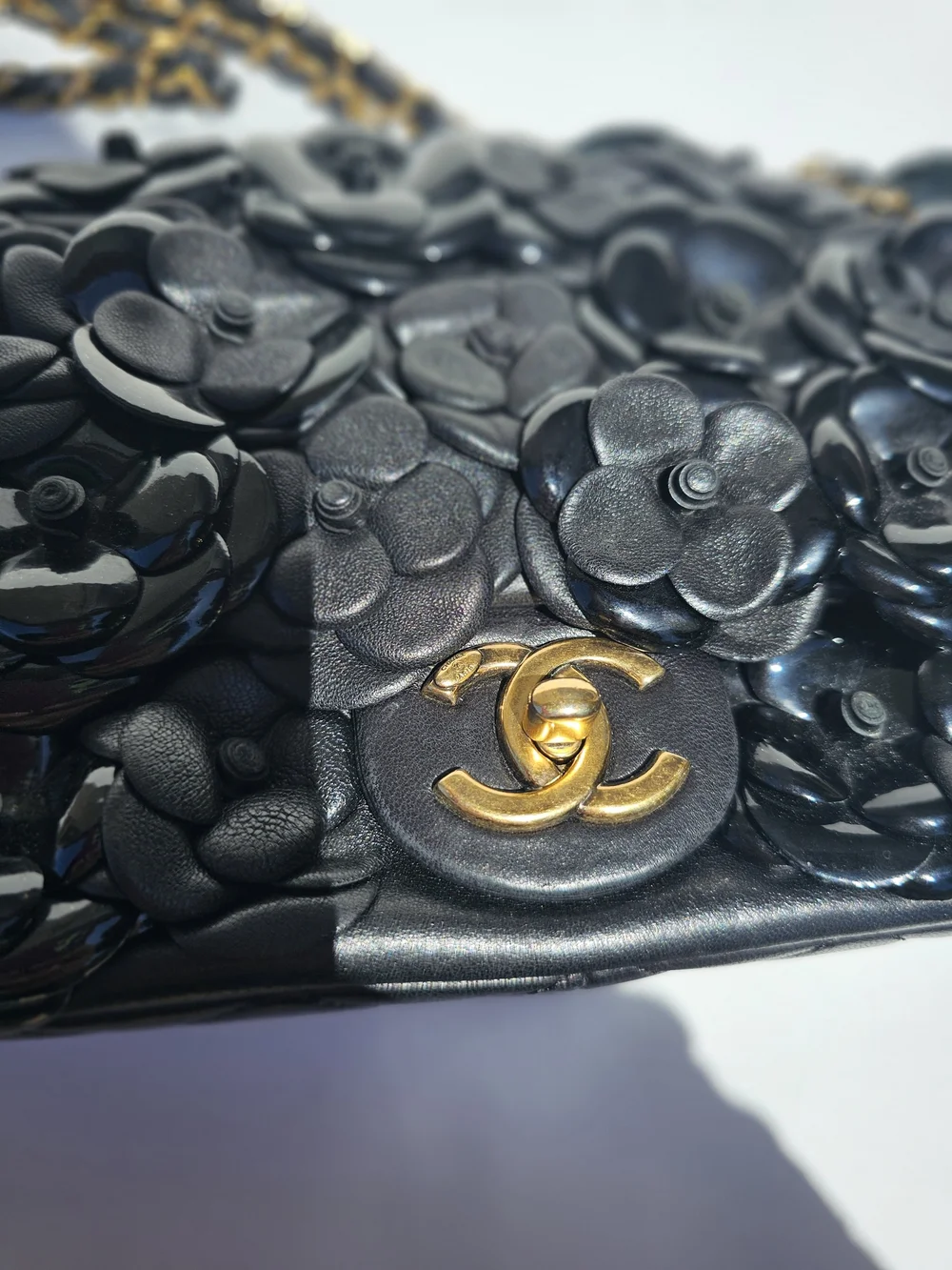 Auth Chanel black leather 3d camellia medium flap bag htf